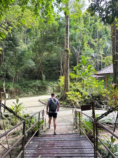 A man with a backpack walks down a wooden staircase in a lush, green environment. The staircase has a metal railing, and a small building is visible amidst the dense vegetation. The location is Tambon Thai Mueang, Thailand.