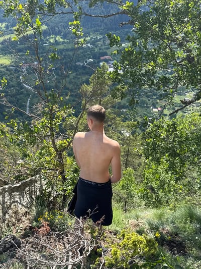 The media file shows a young man from the back, shirtless and wearing black boxer briefs, standing on the edge of a steep, vegetated slope. He is looking out over a valley with a winding road and scattered buildings, suggesting a rural or mountainous area. The foreground is dominated by lush green foliage, with branches of trees framing the view. The lighting indicates it is daytime, with sunlight filtering through the leaves and casting shadows. The overall scene appears to be in a natural, outdoor setting, likely a hiking trail or a scenic viewpoint. The man's posture does not convey any specific emotion. Visible text on his boxer briefs reads "NIKE". The backdrop features a valley covered in dense green trees and some lighter green fields, with hints of buildings nestled within the landscape. The terrain is uneven and rocky in places, interspersed with low-lying green vegetation and some yellow wildflowers. The image is oriented vertically, with the top of the frame facing towards the bottom. The location context provided is Smolyan, Bulgaria, which aligns with the mountainous and verdant scenery depicted.
