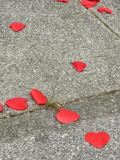 The image displays a close-up, high-angle view of a textured grey concrete ground in Buñol, Spain. Scattered across the surface are approximately 15-20 small, vibrantly red objects. Most of these objects are irregular in shape, consistent with crumpled or folded artificial petals, possibly made of fabric or paper. One distinct object in the lower right quadrant is a flat, perfectly heart-shaped red cutout. The concrete shows visible cracks and seams, with small clusters of green grass growing out from these fissures, notably near the center of the frame. The scene is static, devoid of human presence or active interactions.