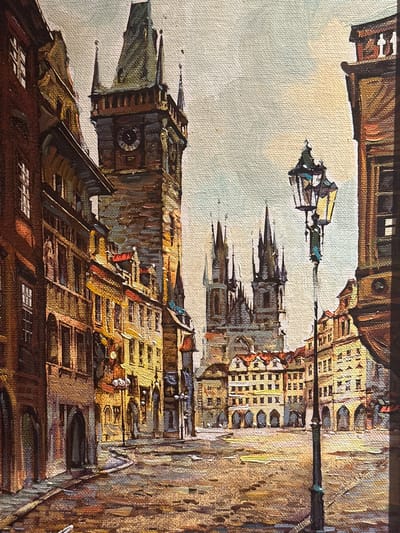 This is a painting depicting an urban scene. The primary subjects are buildings, a clock tower, and a lamppost, all rendered in a painterly style with visible brushstrokes. The architecture suggests a historical European city, possibly with Gothic or Romanesque influences, characterized by tall structures with spires and numerous windows.
The scene appears to be a street view, with buildings lining the right side of the composition and a prominent clock tower on the left. The clock face on the tower is clearly visible, indicating it's an important feature. The lamppost stands tall, dividing the scene and adding a vertical element. The overall impression is one of an old European city, with a sense of depth created by the receding buildings.
The time of day is suggested by the warm, golden light that illuminates the buildings, casting shadows and highlighting textures. This lighting evokes a late afternoon or early evening sun. The sky is a pale, overcast gray, suggesting a diffused light rather than direct sunlight.
There are no visible people or explicit activities taking place. The scene is static, focusing on the architectural elements and the atmospheric lighting. The location context of Steenwijk, Netherlands, while provided, is not visually identifiable from the painting itself. There is no visible text within the artwork.