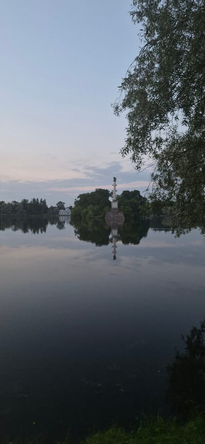 The image shows a calm body of water with a reflection of a column topped with a statue, surrounded by lush green trees and a white building in the background. The sky is a soft blue with light clouds, indicating either early morning or late evening. The water's surface is smooth, creating a clear mirror image of the island and its structures. In the foreground, a portion of a leafy tree branch hangs over the scene from the right. The location is the Catherine Park in the city of Pushkin, Russia, specifically the Grand Cascade, a man-made waterfall structure with a monument.