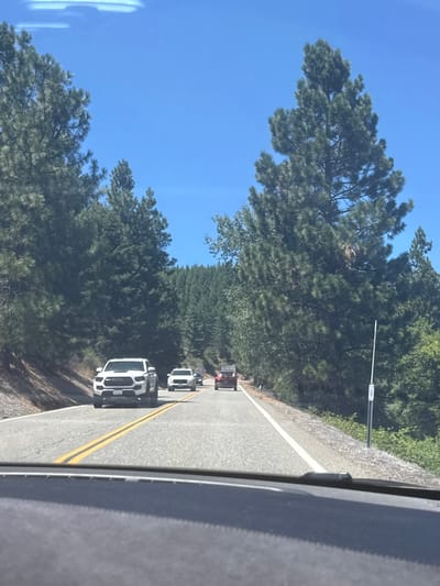 A white Toyota Tacoma pickup truck is driving on a two-lane road surrounded by tall pine trees. The truck is in the left lane, heading away from the camera. A white sedan is following closely behind the truck in the same lane. Further ahead in the right lane, a dark-colored SUV is also driving away from the camera. The road has a double yellow line down the center, indicating no passing. The sky is clear and blue, with a few wispy white clouds. The area appears to be a rural or mountainous region. The image is taken from inside another vehicle, looking out through the windshield.
