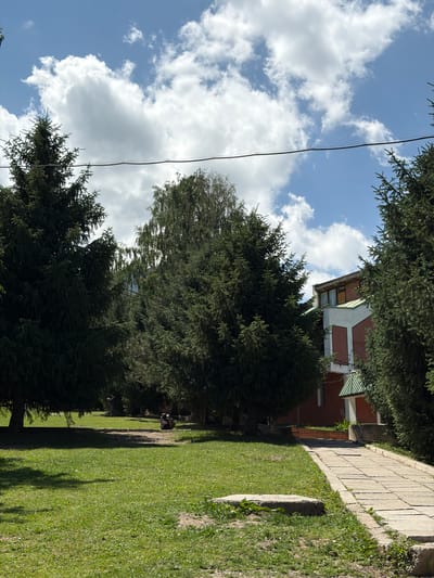 The image captures a daytime scene in Kashka Suu, Kyrgyzstan, featuring a paved walkway leading towards a building with a red facade and green accents. The walkway is bordered by a grassy area with scattered tree stumps. To the left of the walkway, several large evergreen trees dominate the foreground, casting shadows on the lush green grass. Behind the trees, the building is partially visible, with a multi-level design and windows. In the distance, more trees and the sky with scattered white clouds complete the environment. Two individuals are seated on the grass to the left of the walkway, near the base of the trees. A power line stretches horizontally across the upper portion of the image, passing above the trees and the building.
