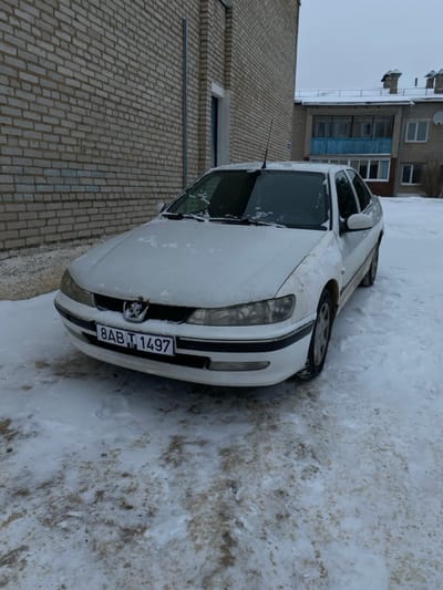 A white Peugeot 406 sedan, bearing Belarusian license plate "8AB T 1497", is parked on a snow and slush-covered surface in Карабоўскі сельскі Савет, Belarus. The vehicle's hood, windshield, and roof are lightly dusted with snow. The front grille features a Peugeot emblem displaying rust. A dirty discoloration is present on the front right fender. In the immediate left background stands a building constructed of light-colored bricks, featuring a grey vertical pipe and a recessed blue door frame. In the far right background, a two-story building with a snow-covered roof, two visible chimneys, and a balcony with a blue railing is visible. The sky is overcast. No individuals are present.