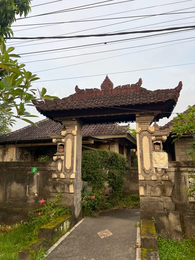 The scene depicts a traditional Balinese-style gateway in Celuk, Indonesia. The gateway consists of two ornate stone pillars, predominantly beige with grey decorative patterns, supporting a multi-tiered, dark reddish-brown tiled roof adorned with intricate carved finials and decorative elements. A dark asphalt pathway, edged by a white strip on the left, leads through the gate.
Flanking the pathway are weathered grey stone walls, partially covered with moss and green ground vegetation. A green rectangular plaque with the white number "9" is affixed to the left wall. Several pink flowers are visible growing near the base of the left wall and further into the property on the right. Behind the gate, visible portions of structures with reddish-brown tiled roofs and corrugated metal elements are present, partially obscured by dense green foliage. Overhead, multiple black utility lines stretch across an overcast, light grey sky. Green leaves from unseen trees frame the upper and lower left sections of the image. An offering, draped in white and gold patterned fabric, is positioned within a niche on the right gate pillar. A small glass container rests on the low wall to the right of the path. No individuals are present.