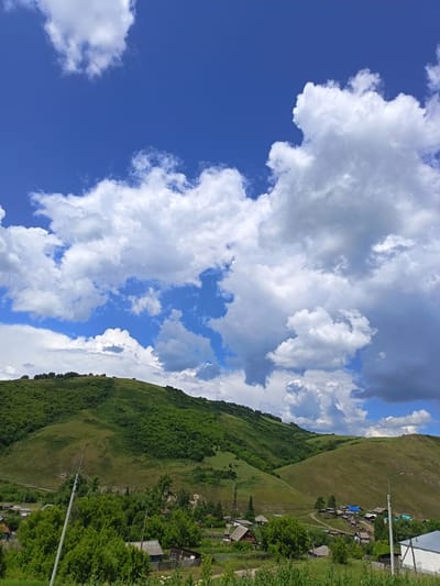 The image shows a pastoral scene in the village of Soloneshnoye, Russia. In the foreground, a cluster of small houses with wooden roofs and fences is nestled among lush green trees. A white utility pole with visible wiring stands to the left of the frame. The middle ground features rolling green hills dotted with scattered trees. In the background, a larger, more densely forested hill dominates the landscape. The sky above is a vibrant blue, filled with dramatic, billowing white clouds. The overall impression is one of a serene, rural environment under a dynamic sky.