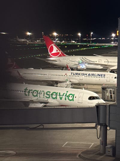 At night, in Arnavutköy, Turkey, the scene depicts three airplanes parked next to a jet bridge. The planes are marked as Turkish Airlines and Transavia. The scene is illuminated by airport lighting.