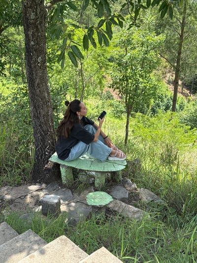 A woman is seated on a green bench shaped like a leaf in Lũng Cú Commune, Vietnam. She is holding a smartphone. The setting includes trees, grass, rocks, and steps.