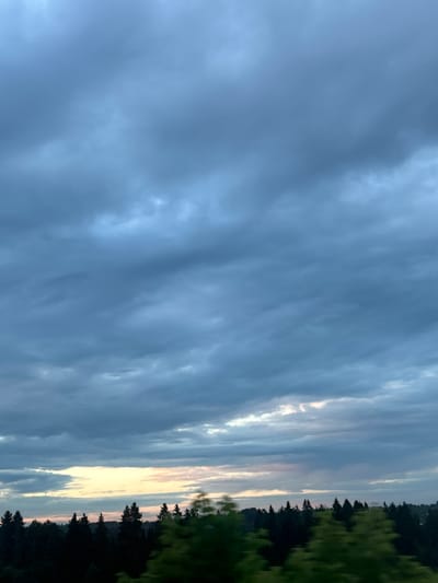 The image shows a sky filled with dark, heavy clouds. Below the clouds, a line of dark green coniferous trees stretches across the horizon. A band of soft, warm light is visible in the sky just above the trees, suggesting either sunrise or sunset. The overall atmosphere is moody and overcast. The location is identified as Забегалово, Russia. There are no people or visible objects in the scene other than the natural environment.
