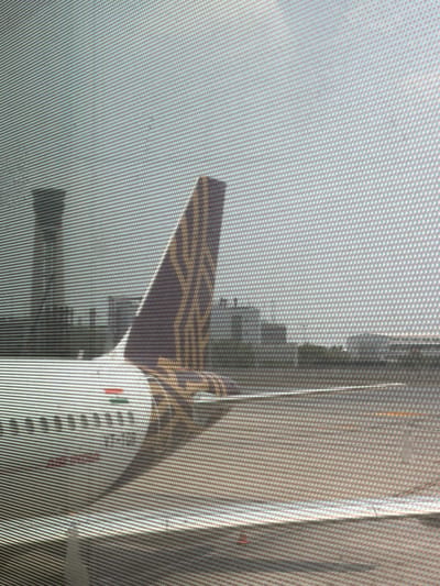An airplane's tail fin, featuring a purple and gold geometric pattern, is prominently displayed against a hazy sky. The fin is part of an aircraft parked on a tarmac, with the main body of the plane visible in the foreground. In the background, a cluster of modern buildings, including a tall, slender tower, suggests an urban environment. The scene is viewed through a textured screen or window, which creates a patterned overlay across the entire image. The presence of an airplane and airport-like infrastructure strongly suggests the location is an airport. Given the detail of the tail fin pattern, it is likely the aircraft belongs to Vistara Airlines, an Indian airline. While the image does not definitively confirm the location, the description of an airport with modern buildings and potential airline identification points towards an airport in a major Indian city like New Delhi, India.