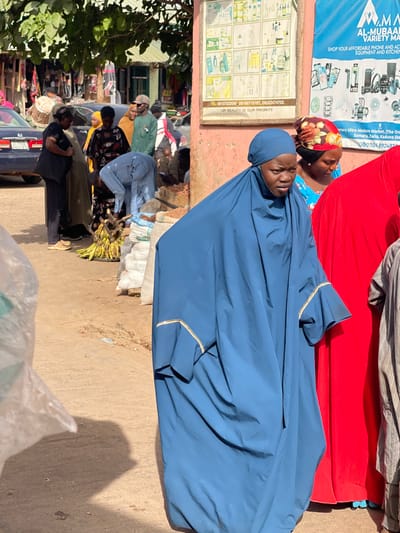 The image depicts a bustling outdoor street market scene in Samaru, Zaria, Kaduna State, Nigeria, during daylight hours with bright sun casting distinct shadows.
In the immediate foreground, a woman wearing a deep blue full-body garment (abaya) with a matching headscarf (hijab) stands, facing slightly right with a neutral expression. Her garment features flared cuffs with a thin gold-colored trim. To her right, partially visible, is another individual in a bright red garment and a person in a light-colored striped garment. A translucent plastic bag is partially visible on the far left foreground.
In the midground, to the left of the central blue-clad woman, a man in light blue traditional attire is bent over, attending to a large pile of green plantains or bananas situated next to several white sacks, some partially labeled "FEDER...". Behind him, various other individuals are present: a woman in a black top and dark trousers standing near a parked blue sedan, and several other people in colorful traditional clothing, including a woman with a yellow headscarf.
The background features market stalls and shops lining the street. A large, dark, drum-like object is visible near a stall on the left. On the right, a reddish-orange painted wall hosts two prominent signs. The left sign displays "UR BEAUTY IS OUR PRIORITY" with phone numbers and images of beauty products. The right sign advertises "AL-MUBAADAH VARIETY MARKET," selling "AFFORDABLE HOME AND KITCHEN APPLIANCES, ELECTRONICS, & MOBILE ACCESSORIES," confirming the location as Samaru, Zaria, Kaduna State, and including additional contact details and images of electronics. Green foliage from an overhead tree partially covers the upper left and central background. The ground is a mix of packed dirt and debris.