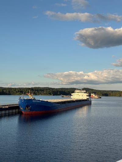 The image shows a blue cargo ship named "ВОЛГО-ДОН 201" docked at a pier on a wide body of water. The ship is long and has a red hull beneath the blue. In the background, a white and red ship is visible further out on the water. The scene is set against a backdrop of lush green trees and rolling hills, with a bright blue sky dotted with fluffy white clouds. The sun appears to be low in the sky, casting a warm light on the scene. This image is believed to be located in the city of Belousovo, Russia, a region known for its waterways and maritime activities.