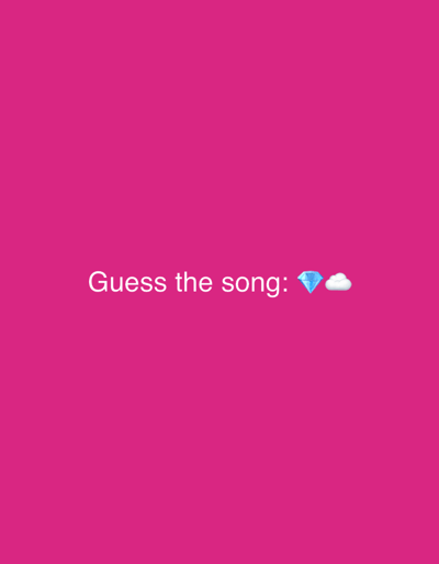 The image is a digital graphic with a bright pink background. White text in the center reads "Guess the song:". To the right of the text are two emojis: a blue diamond and a white cloud. There is no discernible location in the city of Oeiras, Portugal, as this is a flat, digital image with no background elements.