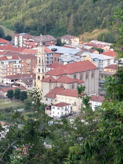 The image shows an aerial view of a European town. Predominantly, the town features buildings with red tile roofs and light-colored walls, likely made of stone or concrete. A large church dominates the center of the town, characterized by a basilica-style structure with a bell tower. The town is nestled among green trees, especially lush on the left side of the image, which suggest a forest or wooded area. The town appears to be in a valley or on a hillside. A soccer field is to the right of the church, further down the hill. The image is taken from an elevated position, possibly a higher hill or a nearby mountain. The foreground contains foliage, which provides a frame for the shot.