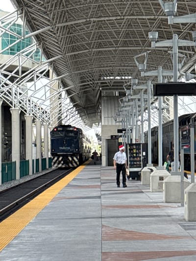 An outdoor train station with a dark blue train, "TRIRAIL," at the platform. A worker in a white uniform and a red hat stands nearby. The station has a complex steel structure forming the roof, contrasting with the sky visible through the open sections. The platform is marked with a yellow safety line and features benches, concrete posts, and vending machines. The image is rotated by 90 degrees.