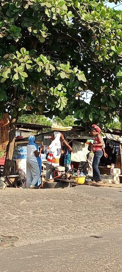 The scene depicts an outdoor market or roadside vendor area in Ajaokuta, Nigeria.
In the foreground, the ground consists of a textured, light-colored, possibly asphalt or dirt surface, exhibiting an uneven pattern.
The mid-ground features five individuals and a makeshift market stall. From left to right:
1. A person in a light grey shirt, grey pants, and a light blue head covering stands with their back partially to the observer, facing towards the stall.
2. Next to them, a person wearing a white long-sleeved jersey with "RICE" and the number "10" on the back, and black and white striped pants, carries a yellow tray holding several light-colored, oblong objects on their head. They are facing towards the right, interacting with another individual.
3. A person with dark skin and a dark sleeveless top is partially visible between the jersey-clad individual and the market stall, facing towards the stall or the jersey-clad individual.
4. Further to the right, a young person in a dark patterned shirt is seated on a low surface, facing left.
5. On the far right, a female wearing a red patterned head covering, a red sleeveless top, and blue jeans stands on a slightly raised wooden plank. She holds a green and orange plastic object in her right hand, positioned above a dark, shallow container.
Central to the mid-ground is a red and white portable generator or engine resting on a dark tire, situated on the ground. Adjacent to it is a yellow plastic basin containing several white items.
Behind the individuals, a market stall or lean-to structure is constructed from wooden posts, corrugated metal, and dark tarpaulins, forming a canopy. Inside the stall, multiple stacks of bottled water are visible. Various unknown items hang from the stall's structure.
The background is dominated by the dense, green foliage of a large tree, extending into the upper left and center of the frame, providing significant shade. Several green, unripe fruits are visible hanging from the tree branches. A clear blue sky is visible in the upper right quadrant.
