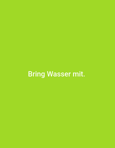 The image is a plain, solid light green background with the text "Bring Wasser mit." written in white sans-serif font in the center. There are no people, subjects, objects, actions, interactions, or environmental details present beyond the text and background. Therefore, it is not possible to provide any information regarding the location in the city of Parchim, Germany.