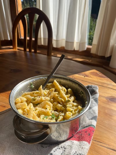 The scene is an interior shot within a residence located in San Carlos de Bariloche, Argentina, illuminated by strong natural sunlight. Centered in the foreground is a stainless steel pot filled with penne pasta. The pasta appears coated in a light-colored, possibly creamy sauce, and is generously seasoned with black pepper and scattered green herbs. A single metal spoon rests upright within the pasta. The pot sits on a textured towel, grey and white with a distinct red and white patterned section, which is placed on a light-brown wooden table exhibiting prominent grain patterns. To the left, a portion of a wooden chair with an arched backrest is visible at the table. The background features a window draped with white curtains, trimmed in cream, through which green outdoor foliage is visible. A white cylindrical object stands on the far right of the window sill or table edge. No individuals are present in the image.
