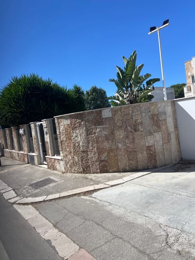 The image, correctly oriented, captures a bright, sunny daytime scene in Bari, Italy, featuring a building facade, lush vegetation, and a sidewalk. On the right, a modern building is clad with rectangular stone tiles in warm tones of brown, beige, and grey, extending upwards to a cleaner, white section. In front of the building, a series of outdoor steps lead to an entrance area, where a small plaque displays the text "N. 18".
Abundant green foliage is prominent throughout the scene. On the left, a large plant with wide, fan-like leaves, possibly a Bird of Paradise, reaches towards the sky. In the foreground, a dense bush with spiky, sword-shaped leaves, resembling a Yucca plant, provides a vibrant green contrast to the building's facade.
A tall, white street light pole with two black luminaires extends diagonally across the clear, deep blue sky from the left. The ground consists of a grey concrete sidewalk, showing some signs of wear and cracking, and parts of an asphalt road. A metal manhole cover is visible on the sidewalk. The scene is static, devoid of any human activity, and depicts a quiet, sunny street environment.