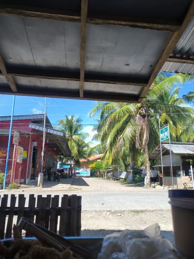 The image depicts a street view in Kiblawan, Philippines, taken from under a makeshift shelter with a corrugated metal roof supported by wooden beams. The foreground shows a wooden fence made of bamboo poles and a partially visible container with food items and plastic packaging.
The street is paved with concrete and appears to be lined with several structures. To the left, a red brick building with a metal awning is visible, featuring signs and a blue wire fence. Several motorcycles are parked in front of this building. Further down the street, more buildings and structures can be seen, interspersed with numerous tall palm trees that dominate the landscape.
A prominent green sign with white text, partially obscured by palm fronds, stands near a small stall or kiosk made of bamboo and metal. The sky is bright blue with some scattered clouds, indicating a sunny day. The overall impression is of a tropical, rural or semi-rural setting in the Philippines.