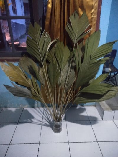 The scene depicts an indoor environment. A dense arrangement of approximately twenty to thirty dried, fan-shaped palm leaves, varying in color from olive green to faded yellowish-green, stands centrally. The leaves are held upright by their long petioles within a clear glass jar, which contains dark granular material at its base. This jar is positioned on a floor constructed of white square tiles with dark gray grout lines. Distinct shadows of the plant and jar are cast onto the tiled floor to the right and slightly onto the background wall.

On the left side of the background, a multi-pane window with dark wooden frames reveals a dimly lit exterior, showing a light blue structure and indistinct outdoor elements. A draped, golden-orange curtain covers the wall directly behind the upper portion of the plant. To the right of the curtain, the wall is painted a uniform light blue, and a dark, folded object, possibly a chair, is partially visible against this blue wall. No specific markers or architectural details within the image identify a precise location within the city of Chimay, Belgium. No people are present, and no actions or interactions are depicted.