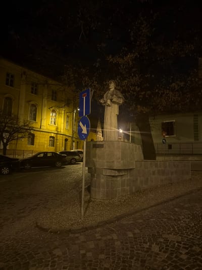 The image depicts a nighttime scene at Piața Mică (Small Square) in Sibiu, Romania, focusing on the statue of Gheorghe Lazăr. The statue, a male figure in long robes holding a book, stands centrally on a multi-tiered, rough-hewn stone pedestal. To the left, a prominent, multi-story building with a bright yellow facade features multiple arched and rectangular windows, some internally illuminated, casting a warm glow. Several parked cars, primarily dark sedans, line the cobblestone street in front of this building. In the immediate foreground, the street surface is composed of irregular cobblestones, with a defined curb separating it from the statue's base area, which consists of loose gravel and dirt.
To the right of the statue, a lighter-colored building, possibly light green or grey, is partially visible with a single window featuring dark wooden shutters. A bare tree, with sparse autumnal leaves, rises behind the statue, its branches extending across the dark night sky. A metal pole in the foreground supports two rectangular blue road signs: an upper sign with a red bar on a white rectangle (indicating "No Entry" or "Road Closed to Vehicular Traffic") and a lower circular sign with a white arrow curving downwards and to the left (indicating "Turn Right" from the perspective of approaching traffic, given the direction of the arrow relative to the sign's placement). Another small triangular yield sign and a circular sign are visible near the light-colored building on the right. Artificial streetlights illuminate the scene, creating distinct shadows and highlights, particularly on the statue and the yellow building. No individuals are visible in the scene.