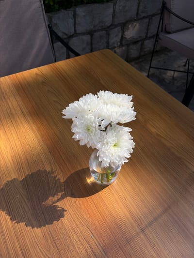 A small bouquet of white chrysanthemums, or similar daisy-like flowers, stands in a clear glass vase on a wooden table. The table, made of light-to-medium brown wood, displays a prominent grain pattern that runs diagonally across its surface. Strong, angular sunlight illuminates the table and flowers, casting a distinct, dark shadow that forms a roughly heart-shaped outline to the right of the vase.

In the blurred background, an outdoor setting is visible. This includes dark gray stone paving or cobblestones, the black metal frame of an outdoor chair, and a light-colored cushion. Patches of dark greenery are also discernible. The sharp contrast between the brightly lit table and the shadowed background indicates it is daytime, likely morning or late afternoon, under clear weather conditions. The scene evokes a tranquil ambiance, set in an outdoor area such as a patio or balcony in Dobrota, Montenegro. No text is visible in the image.