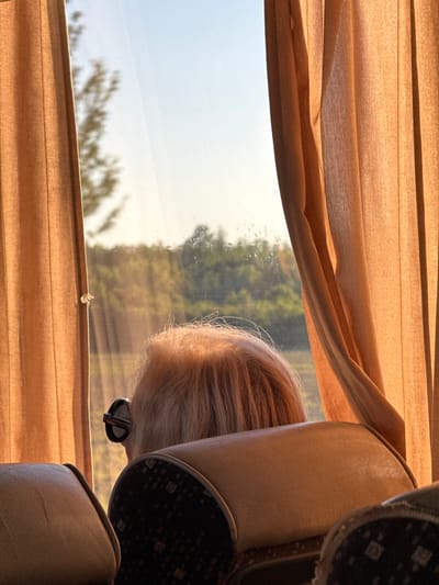 The image shows a view from inside a bus looking out the window. A person with blond hair is visible from behind, wearing sunglasses. The person is looking out the window at a landscape with trees. The bus interior is visible in the foreground, with seats and curtains. The scene appears to be set in Kiosevtsi, Bulgaria, with the warm sunlight suggesting it is either morning or late afternoon.