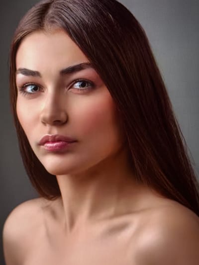 The image is a close-up portrait of a young woman with long, dark brown hair. She has fair skin, defined eyebrows, and light-colored eyes. Her lips are full and painted with a glossy pink lipstick. Her shoulders and upper chest are bare, and she is looking directly at the camera with a neutral expression. The background is a plain, gradient gray. There is no indication of the city of Taipei, Taiwan, or any other specific location. The scene is a studio portrait.