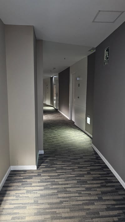 The media file depicts a downward perspective of a contemporary hotel hallway or stairwell, likely in Alhama de Aragón, Spain. The scene is characterized by modern architecture and interior design. The hallway features a dark grey ceiling with recessed lighting and a visible "SALIDA" (exit) sign with a running figure, indicating an emergency exit. The walls are predominantly white, with one side of the hallway decorated with a textured carpet featuring a vertical, geometric pattern in shades of grey and beige.
The perspective suggests the viewer is positioned at the top of a staircase or on an elevated walkway, looking down into the hallway. The lighting appears to be artificial, creating a somewhat subdued and even atmosphere. There are no people visible in the scene, and no specific activity or event is taking place; it is a static depiction of an interior space.
Notable details include the clean lines of the architecture, the contrast between the smooth white walls and the patterned carpet, and the functional yet stylish lighting. The "SALIDA" sign is a clear textual element. The overall impression is one of a well-maintained and modern public space. The time of day and weather are not discernible from the image.