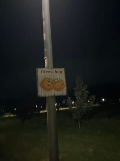 A sign attached to a lamppost in Pravets, Bulgaria, reads "Give a hug" and features a cartoon depiction of two orange, round figures embracing. The background is dark, suggesting nighttime, with some distant lights and trees visible. The lamppost is metal and gray.