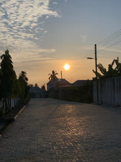 The image depicts a tranquil outdoor scene during the golden hour, likely sunset, in Ibasa, Nigeria. A brilliant, circular sun disk is prominently featured on the right side, casting a warm, luminous glow across the sky. The sky transitions from a soft yellow-orange near the sun to a pale blue on the left, adorned with scattered white, wispy clouds.

A dark utility pole with several power lines extends across the upper middle portion of the frame, with a street light fixture attached. Various tropical plants and trees are visible, including large banana leaves in the upper right, and several palm trees and dense foliage silhouetted against the bright sky along the middle and lower sections. Parts of buildings are faintly discernible in the distance, also appearing as silhouettes.

The foreground on the right features a patterned paved surface, possibly a pathway or road, which warmly reflects the sunlight. A textured concrete wall runs along the upper right edge. The scene conveys a sense of calm and natural beauty as the day draws to a close. There are no people, specific activities, or visible text.