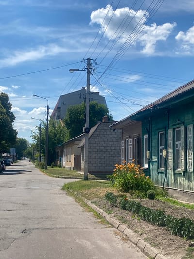 This media file depicts a street scene in Chernihiv, Ukraine, likely during the daytime. The image is oriented vertically, showing a residential street with a sidewalk, a road, and buildings lining one side. The sky is blue with scattered white clouds, suggesting fair weather.
The buildings appear to be older, with one prominent structure featuring weathered, dark green wooden siding and multiple windows with white trim. Adjacent to it is a section of brickwork. In front of the buildings, a strip of land is planted with various green plants and some orange flowers. A concrete curb separates the grassy area from the asphalt road.
Electrical poles with numerous wires are visible along the street, a common sight in urban and suburban areas. Streetlights are also present on poles. The road shows signs of wear, with cracks and uneven surfaces. In the distance, more trees and buildings can be seen, creating a sense of depth. The overall impression is of a quiet, everyday street in a Ukrainian town. No people are visible in the frame, and there is no discernible text. The scene evokes a sense of normalcy and daily life.