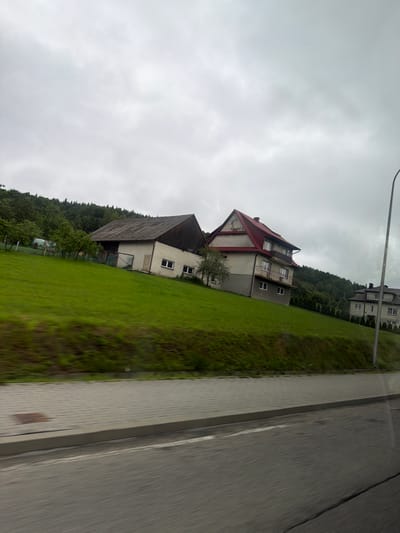 The image displays a view from a moving vehicle, looking towards a hillside in Wilkowisko, Poland. The sky is overcast with gray clouds. On the green, sloped terrain, there are two residential buildings. The building on the left is a light-colored structure with a dark, sloped roof and two windows on the visible side. To its right is a taller, multi-story building with a red, gabled roof, multiple windows, and a balcony. Further to the right, another building with a gray facade and a dark roof is partially visible, with a row of small, manicured trees in front of it. A streetlamp stands to the far right. In the foreground, a paved sidewalk runs along a road, with the road itself visible in the lower part of the frame. The motion blur indicates the photograph was taken while in transit.