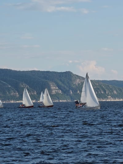 A fleet of sailboats races across a dark blue, choppy body of water under a pale blue sky dotted with white clouds. The sailboats are white with red hulls and are in various stages of the race. The background features a lush green, forested mountain range with steep, rocky cliffs. The image appears to be taken from another boat, looking towards the shore. The location is identified as Podstepeki, Russia, which is situated along the Volga River, a popular area for sailing.