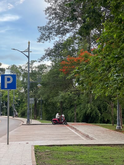 The image captures a street scene in Siem Reap, Cambodia, featuring a paved road curving to the left, bordered by a sidewalk and a parking area. A blue parking sign is visible on a lamppost on the left. A red scooter is parked in the parking area, with a person seated on it wearing a white shirt and brown pants. Scattered red flower petals are visible on the pavement, suggesting the presence of flowering trees nearby. The background is filled with lush green trees, some of which have vibrant orange-red flowers. The sky is partly cloudy with a bright day. Several lampposts with ornate designs are present along the street. A few people are walking on the sidewalk in the distance.