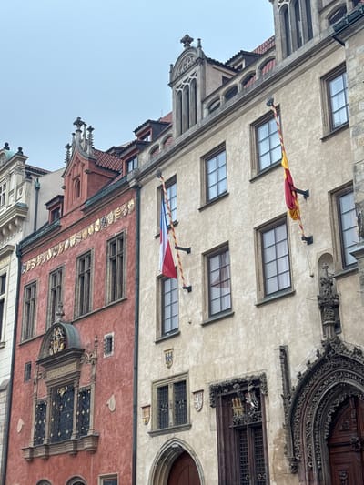 This photo showcases the architecture of old European buildings, with a sky background. The buildings are adorned with windows, ornate decorations, and hanging flags. The structures feature a mix of beige, red, and white facades, exhibiting varying architectural styles. The image captures the essence of a historical urban landscape.