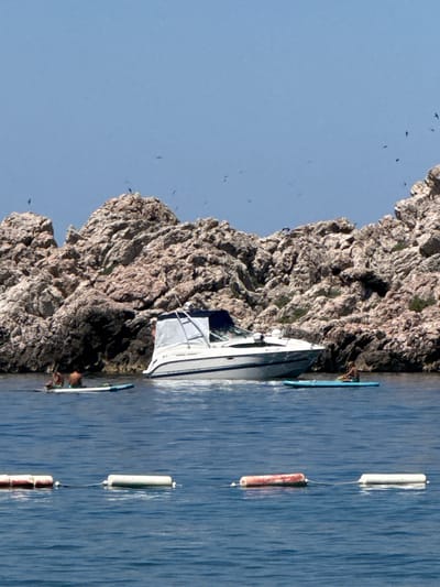 The image captures a serene scene in the waters near Sveti Stefan, Montenegro. In the foreground, the calm blue water is marked by a line of buoys, two of which are clearly visible and appear to be white and red. Further into the scene, a white motorboat with a blue canopy is moored. To the left of the boat, two individuals are visible on paddleboards in the water. One individual is lying down on a paddleboard, and the other is seated. Behind the boat and paddleboarders, a rugged, rocky island rises, characteristic of the Montenegrin coast. The sky above is a clear, bright blue, with a scattering of small birds in flight. The overall impression is one of a tranquil summer day at sea.