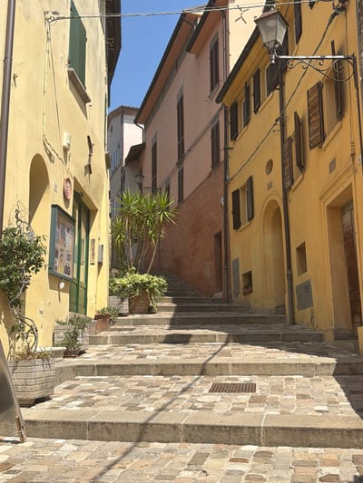 The image shows a narrow, cobblestone street in the historic center of Santarcangelo di Romagna, Italy. The street ascends a steep incline, forming a staircase lined with old buildings. The buildings on either side are painted in warm, earthy tones of yellow and pale pink, with traditional wooden shutters on the windows. The architecture suggests a Mediterranean setting, likely dating back several centuries.
On the left side of the street, a yellow building has a green door and a display case mounted on the wall. A potted plant sits near the entrance. The building on the right also features wooden shutters and a wrought-iron lamppost extending over the street. A large potted plant with spiky leaves is visible on the steps, adding a touch of greenery to the scene. The cobblestone pavement is a mix of light and dark stones, worn smooth by time. The sky is clear and blue, indicating a sunny day. No people are present in the frame, creating a sense of stillness and timelessness. The overall impression is one of quaint, old-world charm.