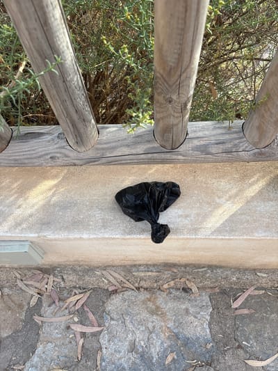 A black plastic dog waste bag is tied shut and sits on a textured, light-colored horizontal surface. Behind this surface, a wooden railing is visible, with several rough-hewn wooden posts supporting a weathered wooden beam. Beyond the railing, dense green foliage is present, characteristic of the dry Mediterranean climate found in Urbanización Cabo Roig, Spain. The ground in the foreground is paved with rough, irregularly shaped stones, some of which are covered with fallen, dry leaves. A light gray electrical or utility box is partially visible on the left side of the horizontal surface. The lighting suggests it is daytime, with dappled sunlight casting shadows on the surface where the bag rests.