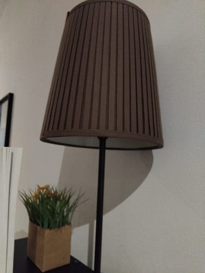 The media file shows a close-up, low-angle shot of a lamp with a brown, slatted shade. A black pole extends from the shade to the right. To the right of the lamp, a small potted plant with green grass-like foliage and hints of yellow flowers is visible. The plant is in a light brown, box-shaped pot. The background is a plain, off-white wall, with a shadow cast by the lamp. The lighting appears to be indoor, with no indication of natural light source. The overall impression is that of an indoor decorative setting, possibly a room in a home or office. No people are visible in the frame. There is no visible text. The scene is static and there is no activity taking place. The context of Vila Nova de Famalicão, Portugal, is not visually evident from the image itself.