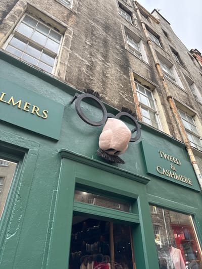 A low-angle, medium shot captures the facade of a store in the City of Edinburgh, United Kingdom, identified by the signage that reads "TWEED & CASHMERE" in gold lettering. The store's exterior is painted a deep forest green, featuring a prominent green frame around the shop window. Above the window, a unique sign in the shape of a large, cartoonish nose and glasses is affixed to the building. The building itself, made of stone, appears aged with textured walls and visible pipes running vertically along its facade. Several windows with multiple panes are visible on the upper floors of the building. The overall scene suggests an older, traditional urban environment.