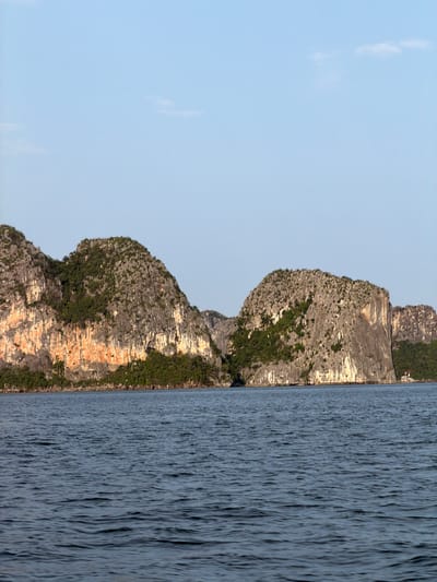 When viewed in landscape orientation, the image displays a serene seascape dominated by towering limestone karsts rising dramatically from calm waters under a clear sky. The scene is highly characteristic of Ha Long Bay, Vietnam. The rugged karsts are composed of grey and brownish rock, with some areas showing warmer, sun-kissed orange tones, particularly on the lower visible sections. Lush green vegetation clings to the uneven surfaces of the rocks, covering the upper parts and crevices.
The body of water in the foreground and midground is a deep blue-grey, textured with numerous gentle ripples, indicating a calm surface. The sky above is a pale, tranquil blue with a few faint, wispy white clouds scattered across it. The soft, warm light illuminating the rock faces suggests either an early morning or late afternoon setting. There is no explicit human activity or visible text in the image. The overall impression is one of majestic natural beauty and profound tranquility.