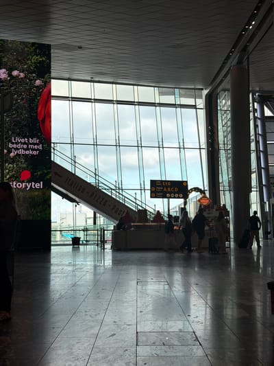 The image depicts an interior view of what appears to be an airport terminal in Gardermoen, Norway, likely Oslo Airport, Gardermoen (OSL). The scene is characterized by a large, open space with a polished, tiled floor reflecting the overhead lighting and the vast expanse of windows.

In the background, a large section of windows allows natural light to flood the terminal, revealing a cloudy sky and some distant structures, possibly aircraft or airport infrastructure. To the left, a large advertisement banner is visible, featuring images of roses and text that reads "Livet blir bedre med lydbøker" and "storytel," suggesting a promotion for audiobooks.

Dominating the mid-ground is a long escalator with a glass railing, indicating an elevated level or a transition to another area. A sign on the escalator reads "→ Italian - PIZZA - Past...", indicating food options.

Further into the mid-ground and right of the escalator, a directional signpost is mounted. This sign indicates "Gate E,F,G" to the left and "Utgang Gates A,B,C,D" and "Toalett Toilets" with associated icons to the right. Beneath this, a festive garland is strung across an archway, with a sign that reads "TAVOLARE" above what appears to be a food or retail establishment.

Several individuals are present in the scene, navigating the terminal. A group of people are walking towards the right, some with luggage. One person is standing to the far right, near a dark pillar, with a suitcase. Another individual is partially visible on the far left, leaning against an unseen object. The lighting in the terminal is a mix of natural light from the windows and artificial lighting from the ceiling, casting distinct shadows on the floor. The overall atmosphere suggests a busy transit hub.