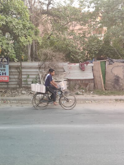 A man is riding a bicycle down a street in Gurgaon, India, with boxes loaded on the back. The man is wearing a blue t-shirt and black pants. The bicycle is a standard men's bicycle with a basket on the front and boxes on the rear rack. The boxes on the back are white with pink stripes. The street appears to be paved with asphalt and there is a sidewalk to the left of the street. Behind the sidewalk, there is a fence and some trees. The fence is made of corrugated metal and there are some posters on it. The trees are green and leafy. The sky is overcast. The overall impression is that of a busy street in a developing city.