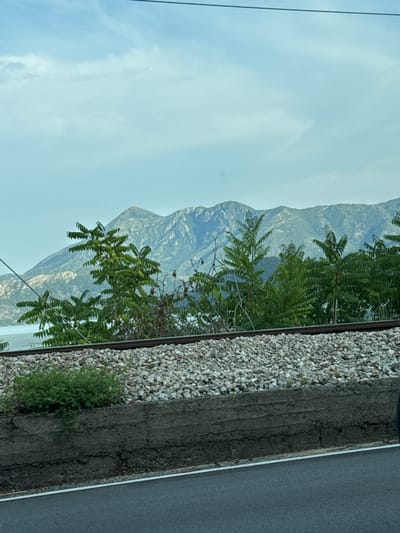 The image depicts a landscape scene with a railroad track in the foreground and mountains in the background. The railroad track is laid on a bed of gravel, supported by a concrete retaining wall. Green vegetation, including trees and shrubs, grows along the edge of the track and in front of the mountains. The mountains are rugged and appear to be covered in sparse vegetation. The sky is cloudy and a light blue. The scene suggests a natural environment, possibly near a body of water, given the presence of a bluish expanse behind the vegetation. The image appears to be taken from a road, as a portion of an asphalt road is visible in the lower part of the frame. While the prompt specifies Kruševica, Montenegro, there are no explicit visual cues within the image to confirm this specific location.