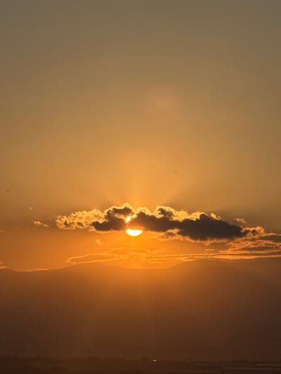 The image shows a dramatic sunset over Abovyan, Armenia. The sun, a bright orange orb, is partially obscured by a long, dark cloud that stretches vertically across the frame. Wisps of lighter clouds surround the dark cloud, catching the sunlight and glowing with an ethereal golden hue. The overall sky is a warm gradient of oranges and yellows, fading into a muted brown towards the bottom and left of the image. In the distance, along the right edge of the frame, faint vertical lines suggest buildings or structures, hinting at the urban environment of Abovyan. The scene evokes a sense of grandeur and natural beauty, with the interplay of light and shadow creating a powerful visual impact. The time of day is clearly sunset, and the weather appears clear apart from the striking cloud formation. There is no visible text in the image.