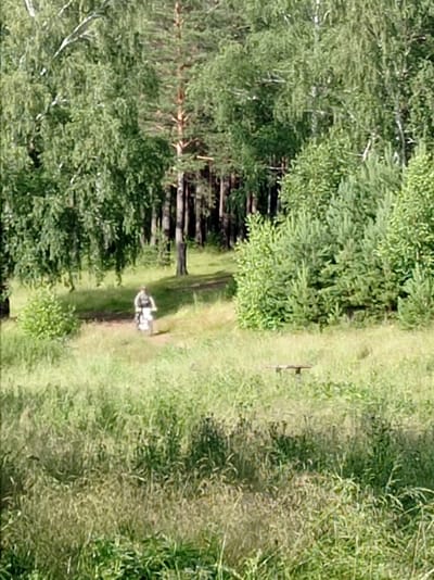 A person rides a white motorcycle through a grassy field with trees in the background. The scene appears to be a forest or park, with tall trees and lush greenery. The sun is shining, suggesting it is daytime. The overall mood is peaceful and natural. There is no visible text in the image. The presence of a motorcycle and a rider indicates outdoor recreational activity. The location context suggests this scene is in Degtyarsk, Russia.