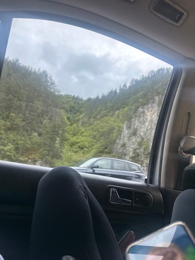 The image is taken from the inside of a car, looking out of the driver's side window. The view outside the window shows a hillside covered with dense green trees and foliage, possibly a forest. The sky is overcast with grey clouds. Another car, possibly silver or light-colored, is partially visible in the window's reflection or view, as if parked or stopped nearby. The interior of the car is visible, including the car door frame, a door handle, part of the car seat, and a cell phone being held by a person. The person is only partially visible in the reflection of the screen, with their hand and part of their face being seen. The image is underexposed and has some visible scratches or smudges on the window. The image does not have enough detail to establish that it was taken in Grohotno, Bulgaria.