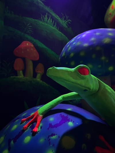 A close-up, high-angle shot depicts a green, sculpted tree frog with red eyes and toes. The frog is positioned next to large, blue spotted spheres. Three red mushrooms sit among green, stem-like foliage on the left side of the frame. The scene appears to be illuminated with ultraviolet light. It is located in the city of Binh Lu, Vietnam.